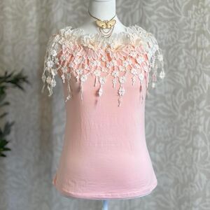 Pink & Ivory 3D Layered Crochet Flower Detail Fairycore‎ Coquette Top Size S/M